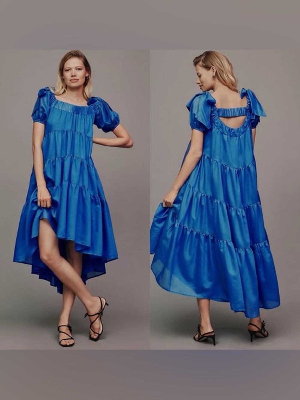 Anthropologie- Blue Tiered Puff-Sleeve High-Low Midi Dress- brand new- no tags